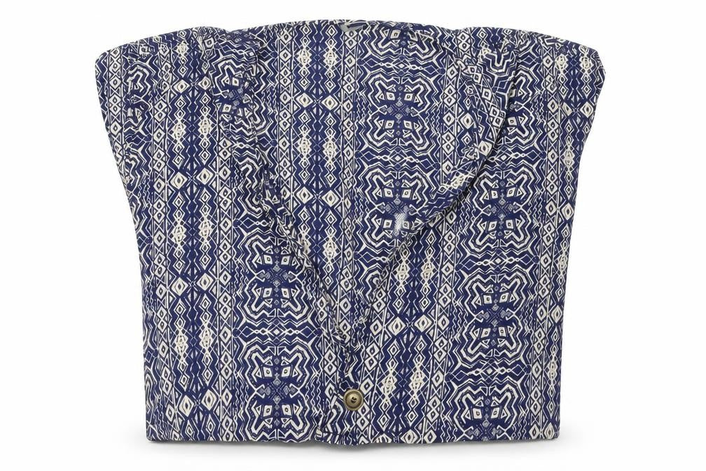 Front view of Marks & Spencer women’s blue geometric modal basic blouse, size UK 14, v-neck