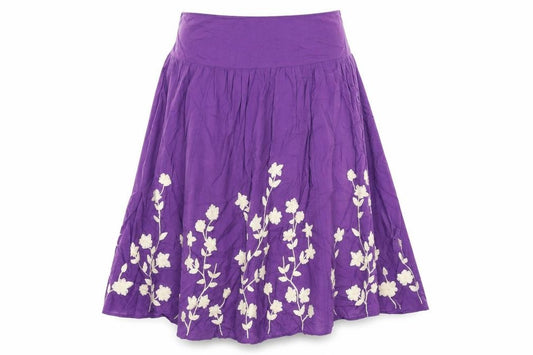 Front view of Wallis women’s purple floral cotton swing skirt, size UK 10, zip