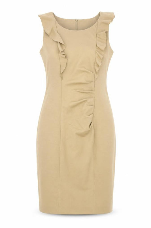 Front view of Oasis women’s brown polyester pencil dress, size UK 12, round neck zip