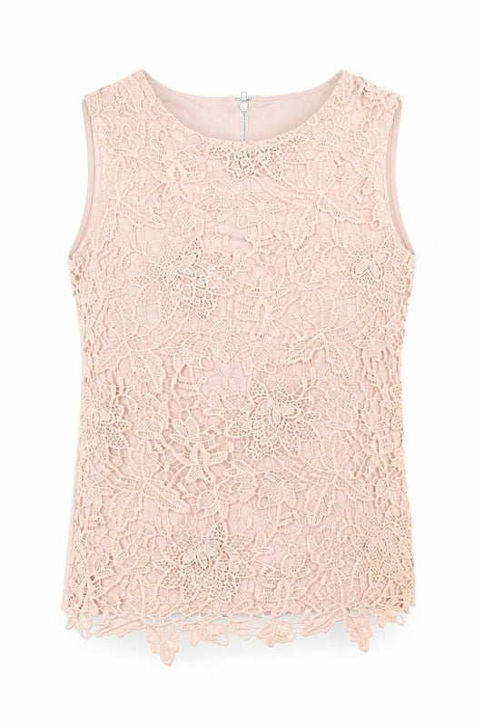 Front view of Warehouse women’s beige polyester basic tank, size UK 10, round neck