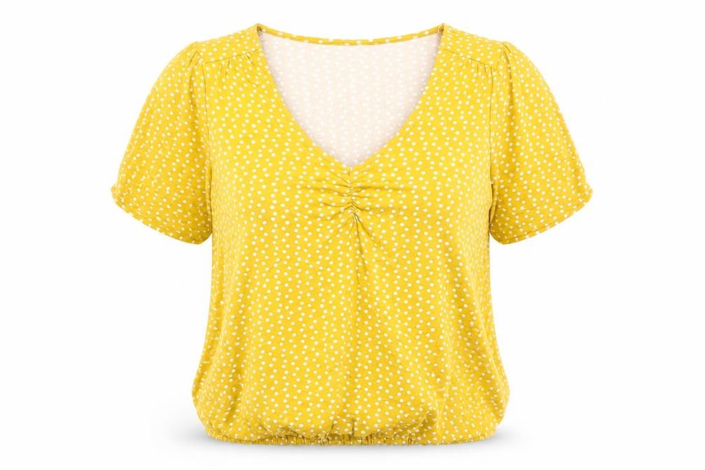 Front view of Khost women’s yellow polka dot viscose basic t-shirt, size UK 18, v-neck