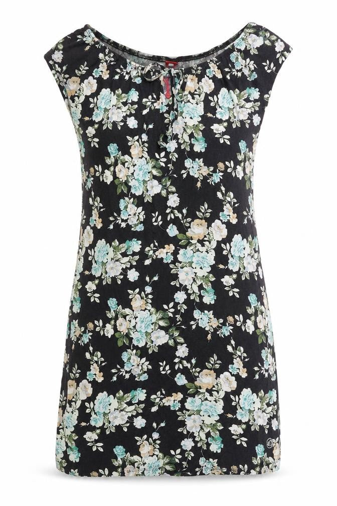 Front view of S. Oliver women’s black floral viscose a-line, size UK 10, round neck pullover