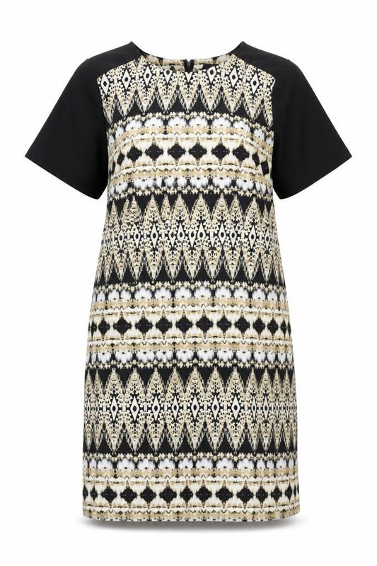 Front view of Wallis women’s multicoloured geometric polyester shift, size UK 14, scoop neck zip