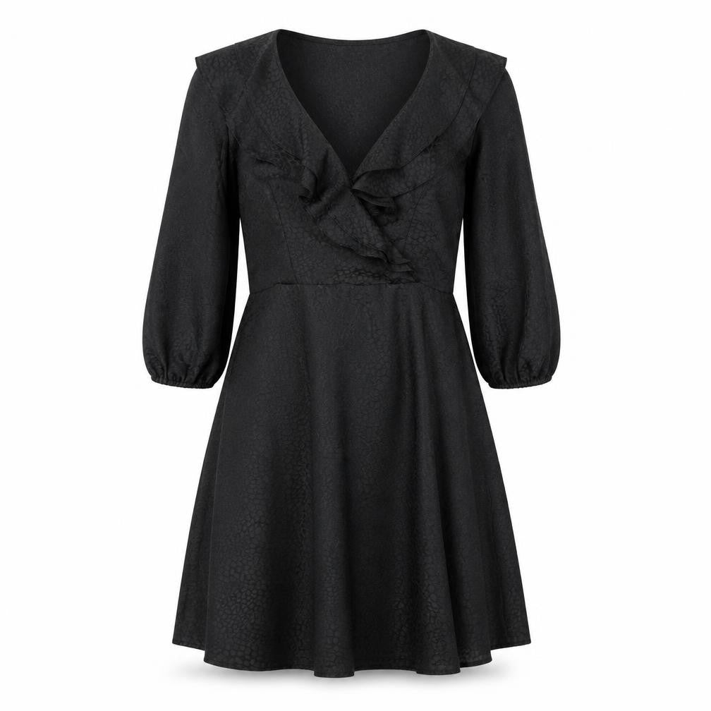 Front view of River Island women’s black animal print polyester fit & flare, size UK 10, v-neck pullover - leopard print