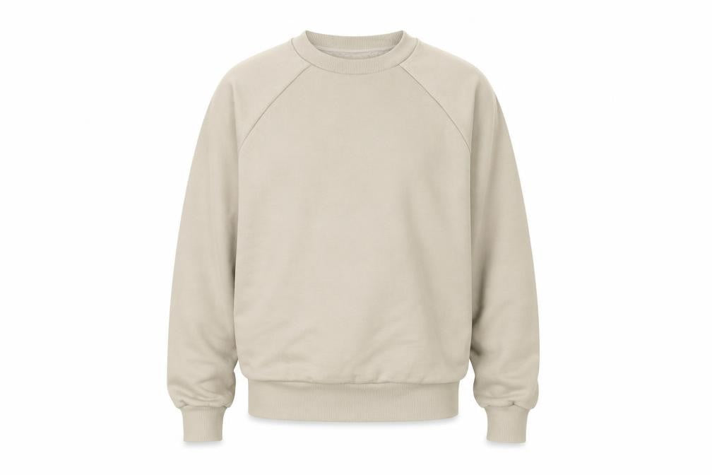 Front view of Preworn men’s beige cotton pullover sweatshirt, size M