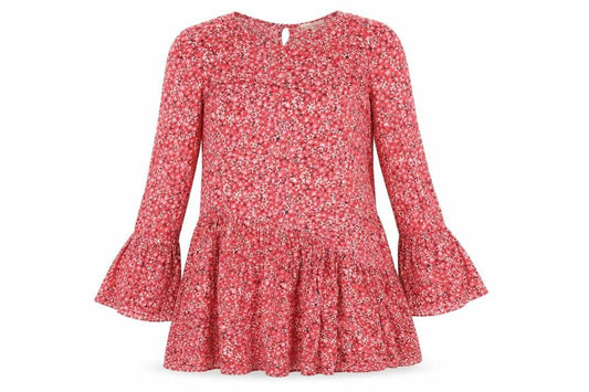Front view of Secret Bazaar women’s red geometric viscose a-line, size S, round neck button