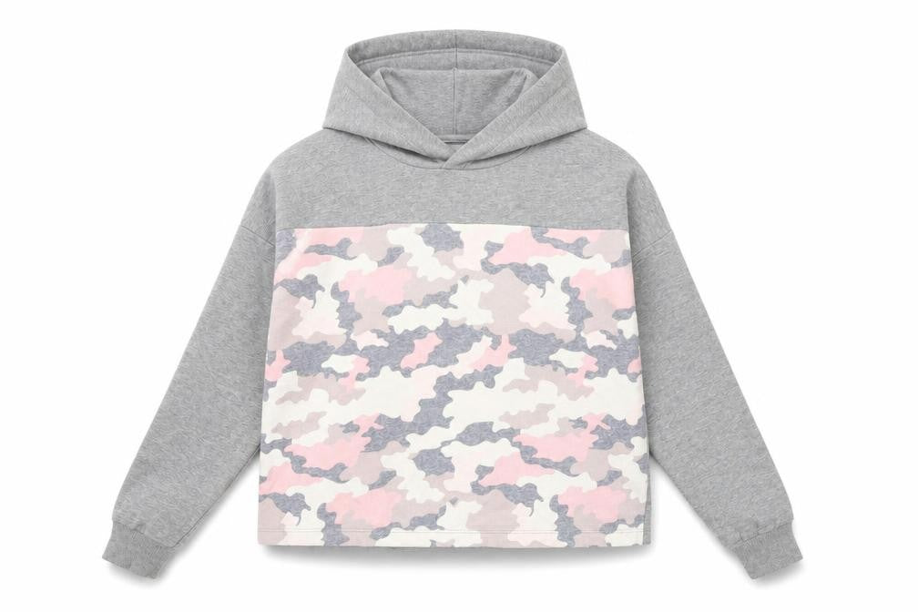 Front view of F&F girls’ grey camouflage cotton pullover hoodie, size 13-14, years pullover