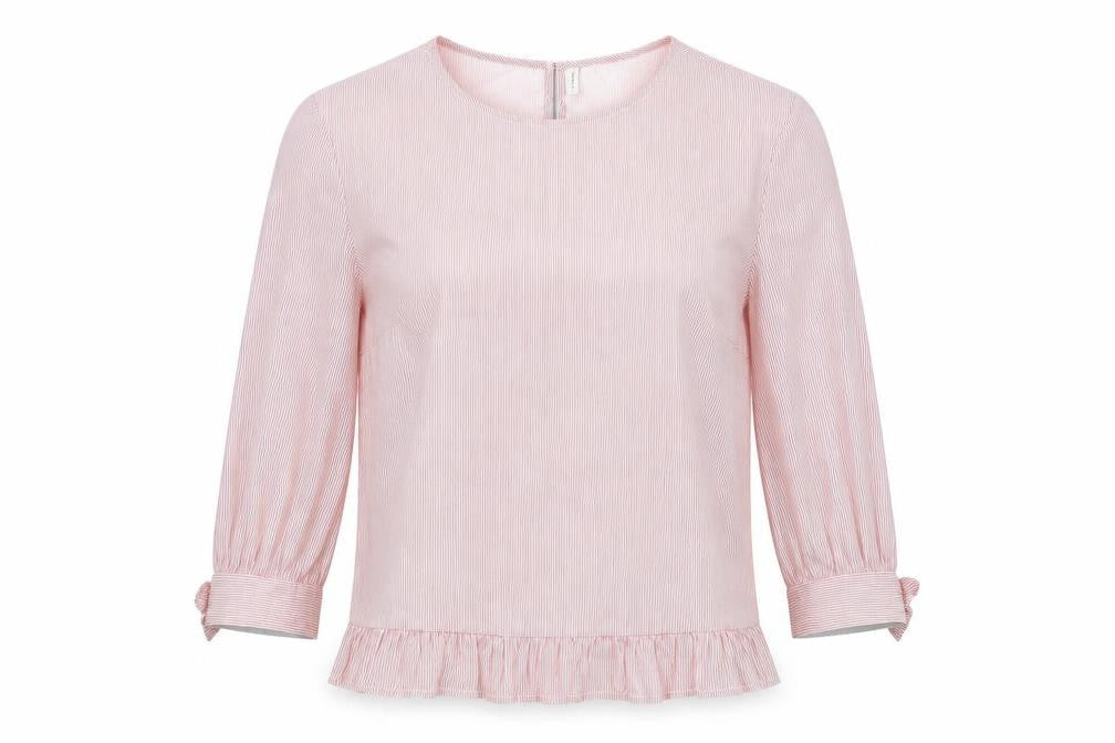 Front view of Bershka women’s red striped 100% cotton basic blouse, size M, round neck