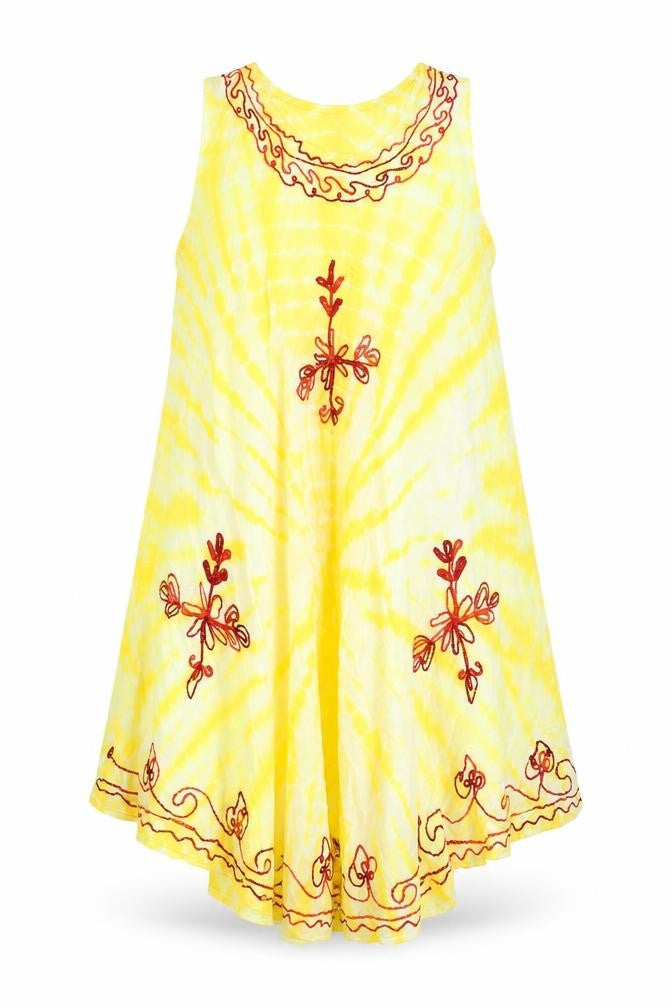 Front view of J.D. women’s yellow tie dye rayon a-line one size round neck pullover