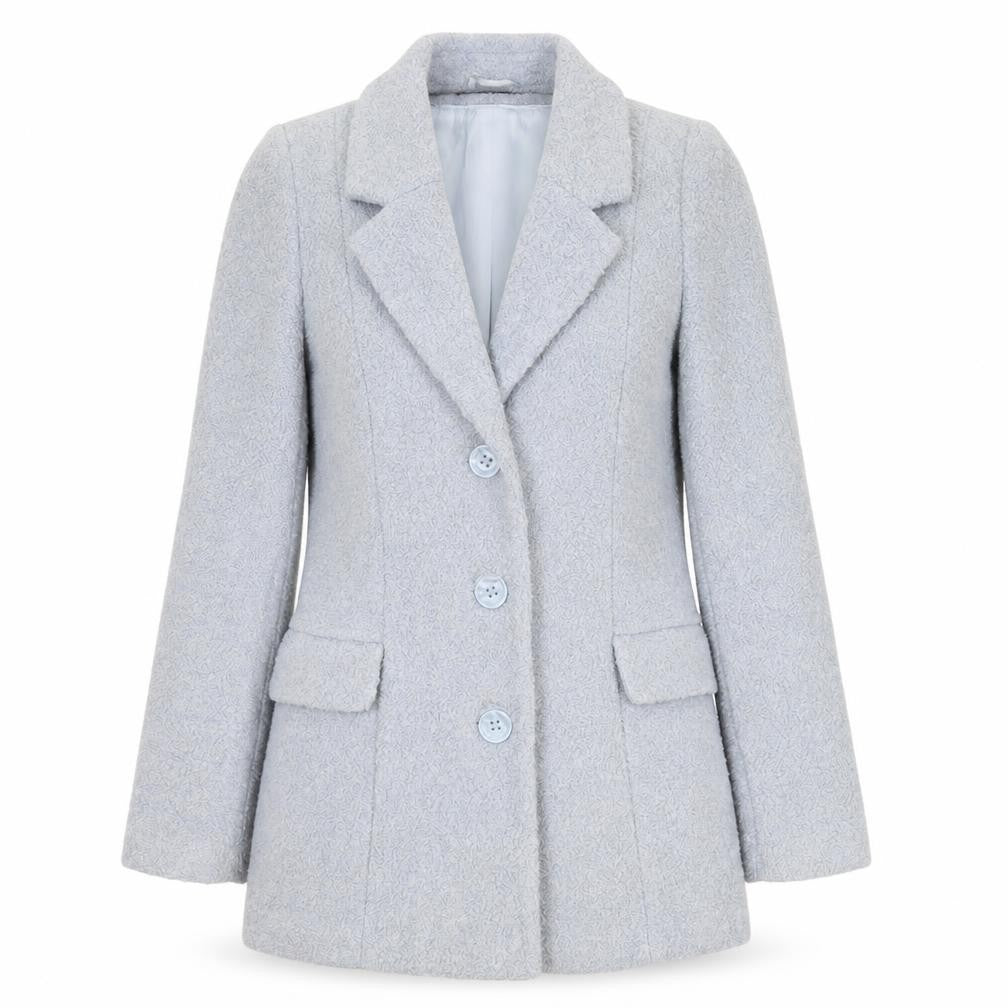 Front view of Miss Selfridge women’s blue pea coat coat, size UK 10, button
