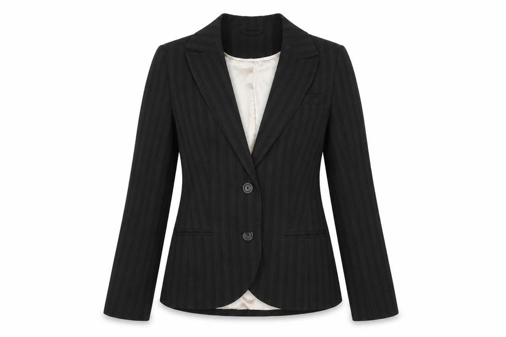 Front view of New Look women’s black striped polyester jacket blazer, size UK 12