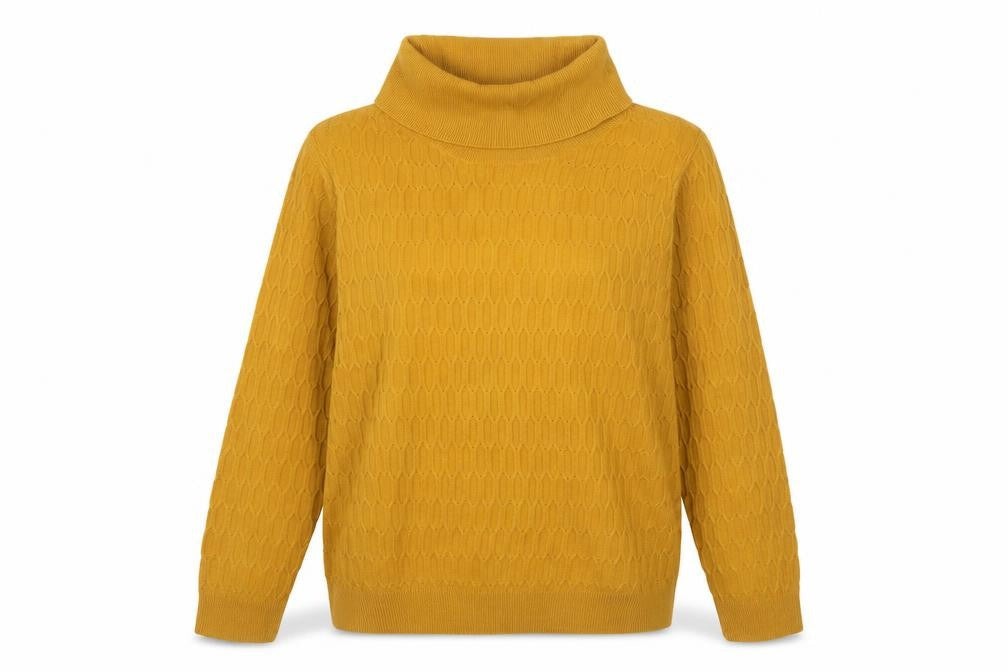 Front view of EWM women’s yellow roll neck acrylic jumper, size L