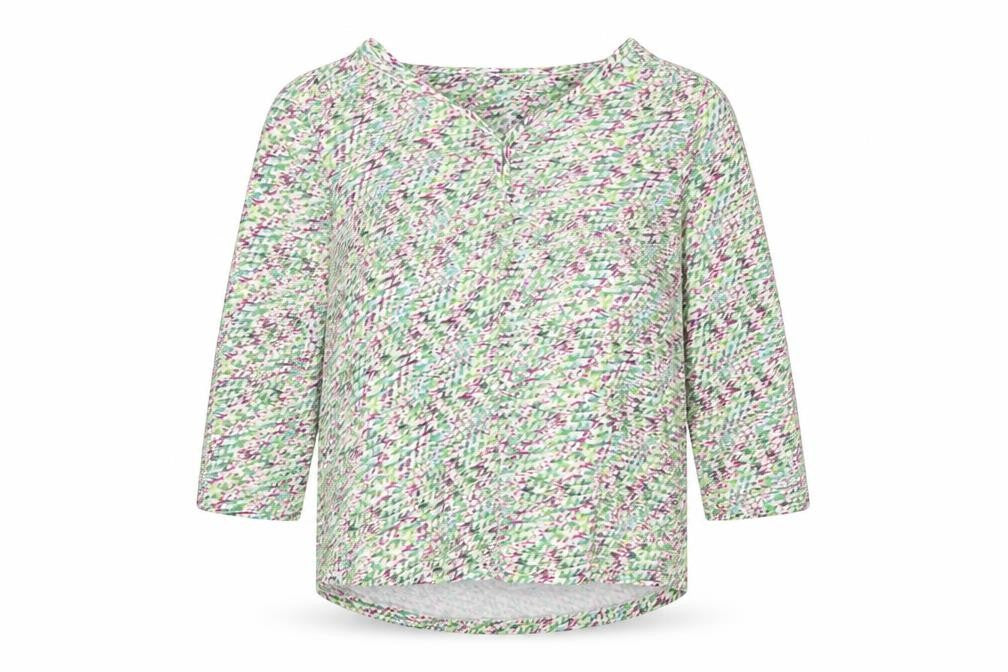 Front view of Preworn women’s green geometric cotton basic blouse, size UK 10, v-neck