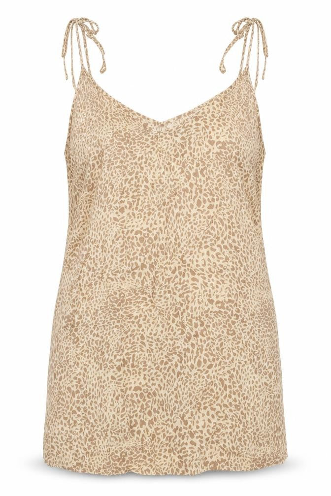 Front view of Cuesta Blanca women’s beige animal print viscose basic tank, size UK 16, v-neck - leopard pattern
