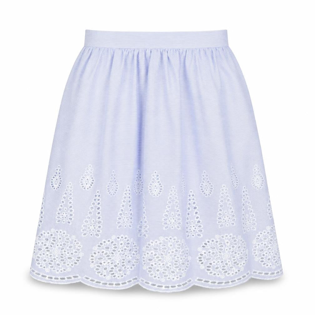 Front view of H&M women’s blue geometric polyester tulip skirt, size UK 8, zip