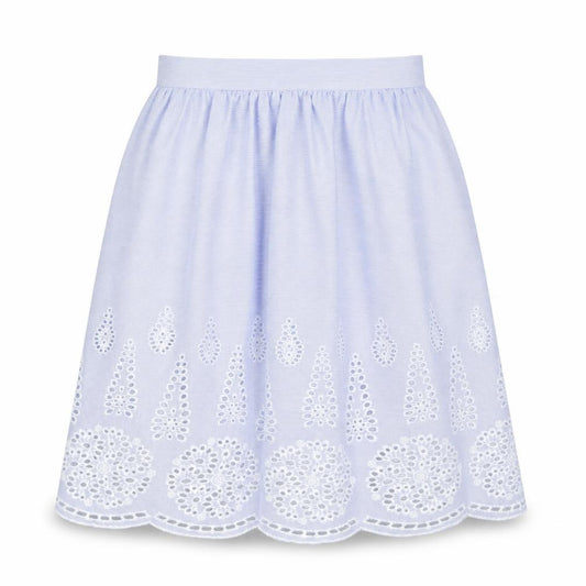 Front view of H&M women’s blue geometric polyester tulip skirt, size UK 8, zip