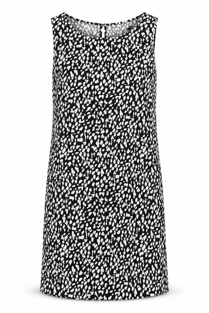 Front view of Marks & Spencer women’s black geometric viscose shift, size UK 6, round neck button