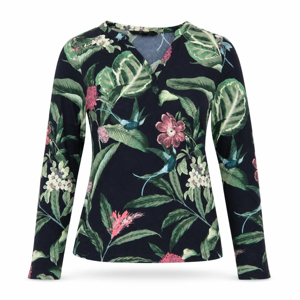 Front view of Vera Moda women’s multicoloured geometric polyester basic t-shirt, size XS, v-neck - leaf print