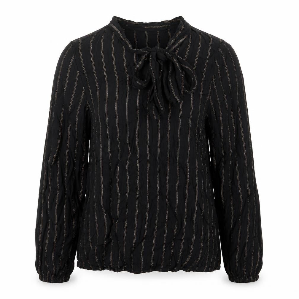 Front view of Marks & Spencer women’s black striped viscose basic blouse, size UK 10, v-neck