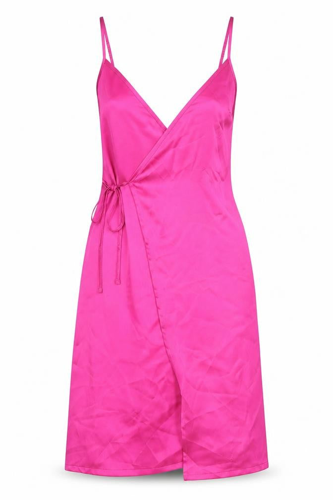 Front view of Material Gal women’s pink polyester wrap dress, size UK 8, v-neck pullover