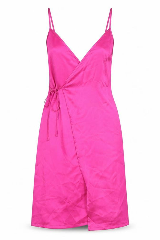 Front view of Material Gal women’s pink polyester wrap dress, size UK 8, v-neck pullover