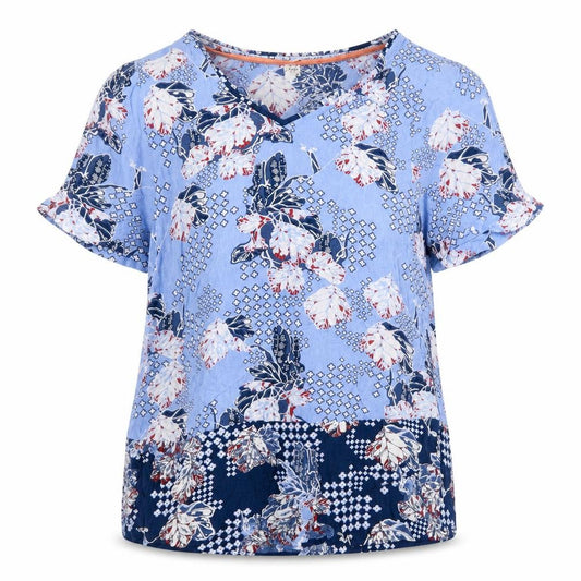 Front view of Marks & Spencer women’s blue geometric viscose basic blouse, size UK 8, v-neck