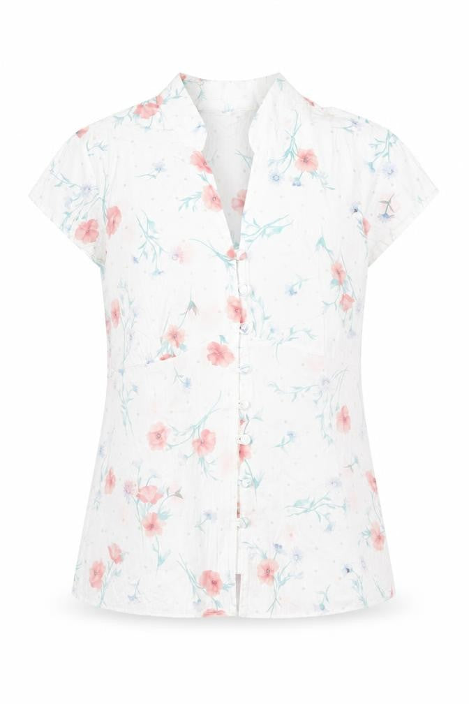 Front view of Preworn women’s white geometric 100% cotton basic button-up, size UK 14, v-neck