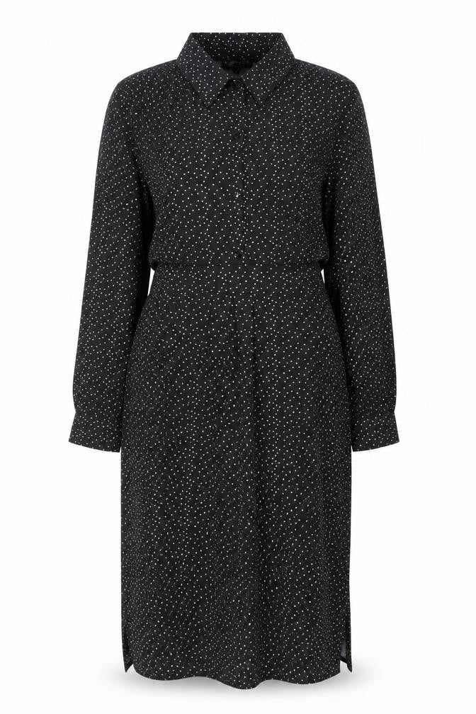 Front view of Ayanapa women’s black polka dot polyester shirt dress, size M, collared button