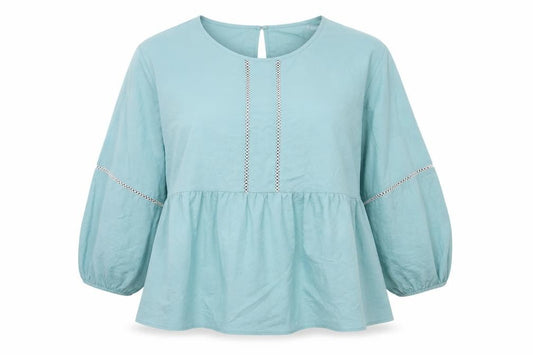 Front view of Marks & Spencer women’s green 100% cotton basic blouse, size UK 12, round neck