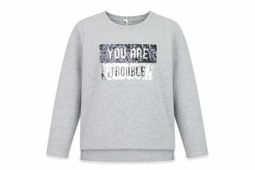 Front view of Young Dimension girls’ grey polyester pullover sweatshirt, size 12-13, years pullover - you are trouble