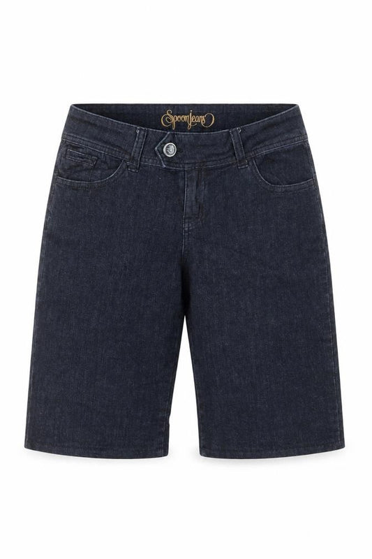 Front view of Spoon jeans women’s blue cotton bermuda shorts, size L, regular zip