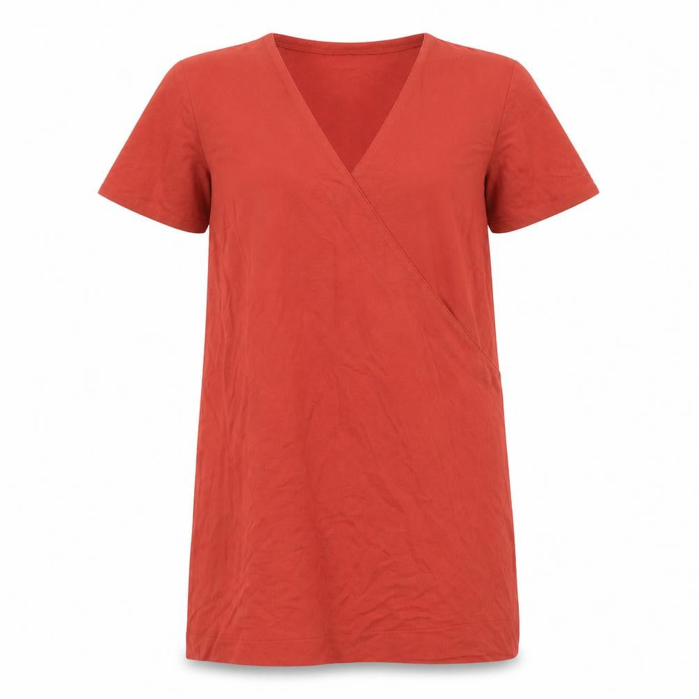 Front view of Zara women’s red viscose t-shirt dress, size M, v-neck pullover