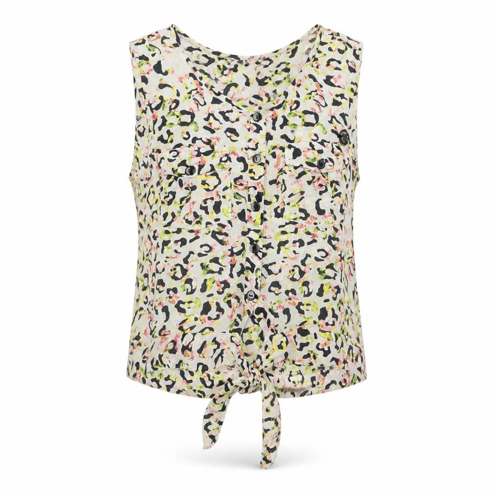 Front view of attr@ttivo women’s multicoloured geometric viscose basic tank, size S, v-neck