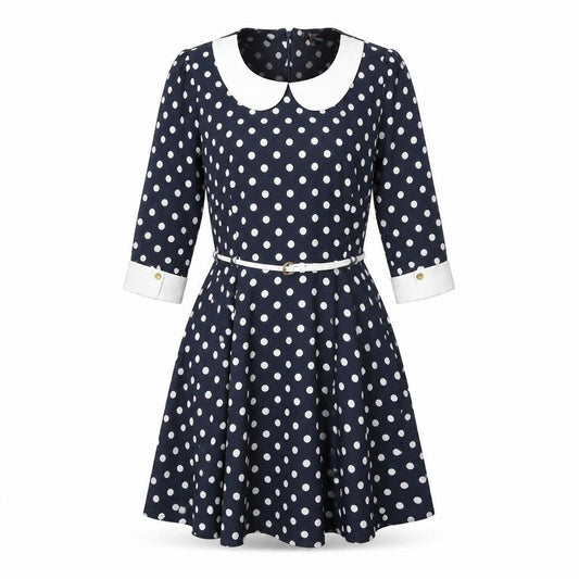 Front view of Yumi women’s blue polka dot polyester fit & flare, size UK 12, round neck zip