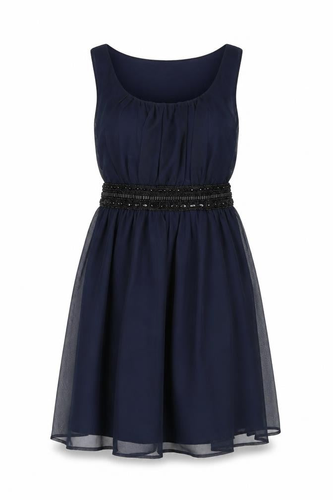 Front view of women’s blue polyester a-line, size UK 12, round neck pullover