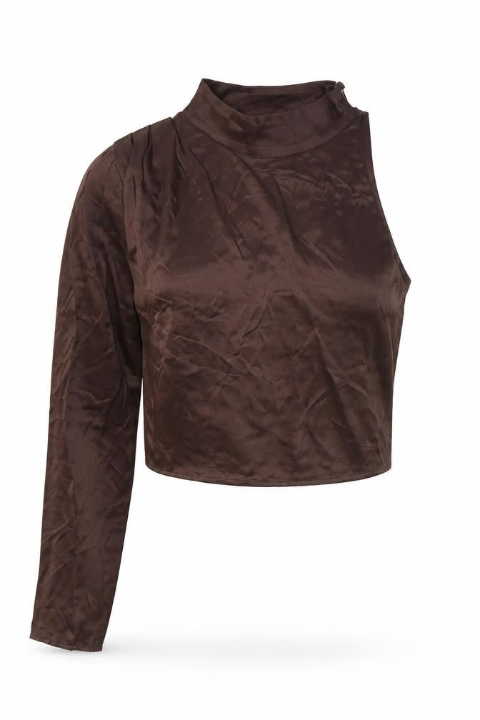 Front view of Zara women’s brown viscose cropped blouse, size S, one shoulder
