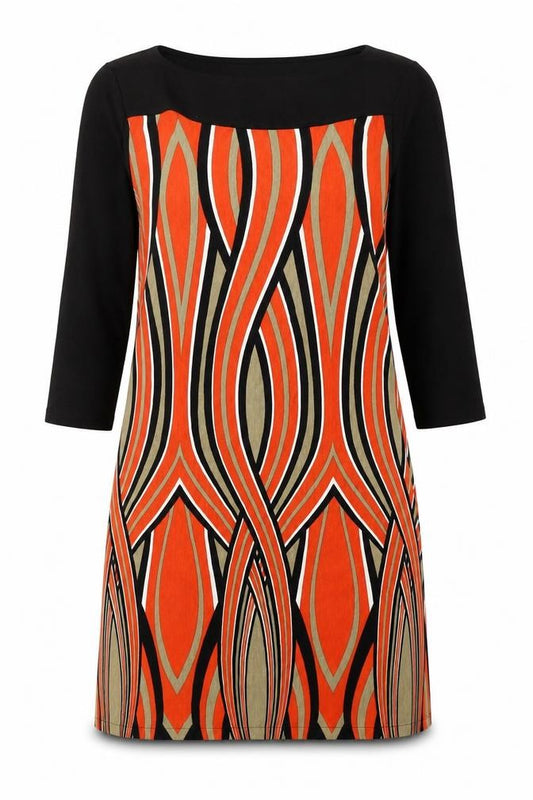 Front view of Principles women’s orange geometric viscose a-line, size UK 12, boat neck pullover