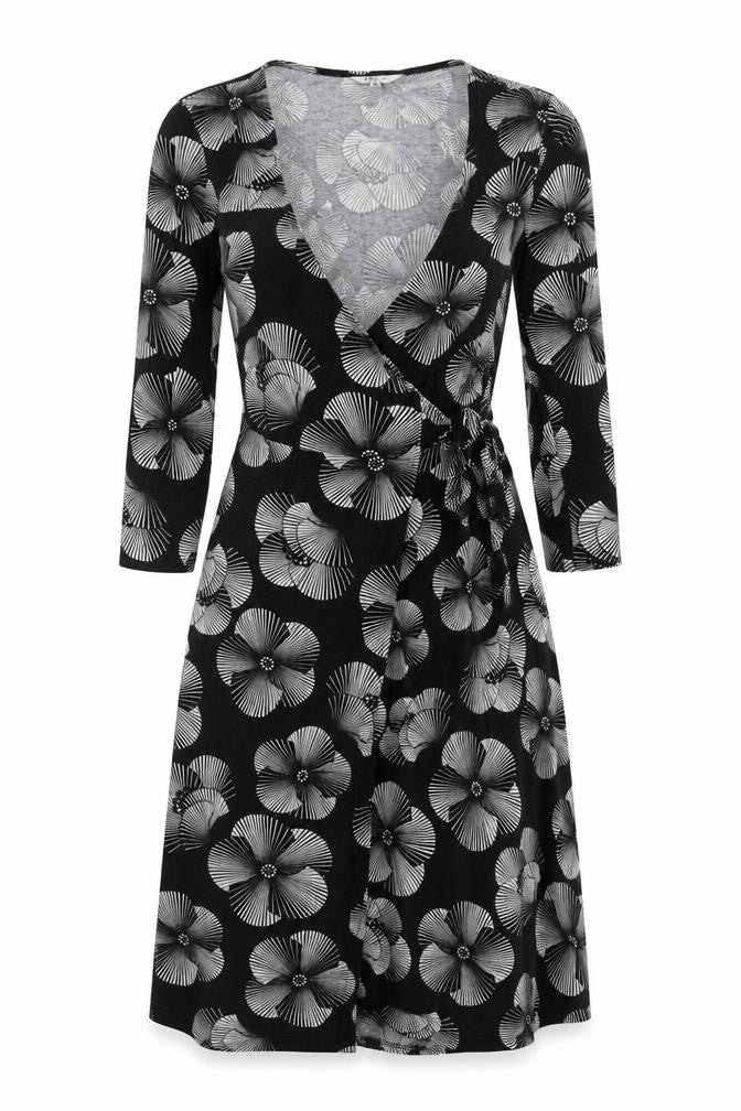 M&Co Womens Black Floral Viscose Wrap Dress Size 8 V-Neck Pullover