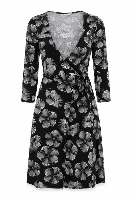 Front view of M&Co women’s black floral viscose wrap dress, size UK 8, v-neck pullover