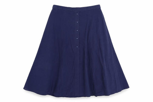 Front view of Preworn women’s blue polyester swing skirt, size UK 30, in button