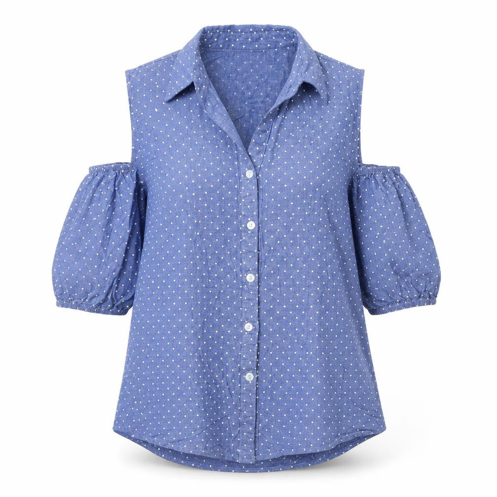 Thilani Womens Beige Polka Dot Polyester Basic Button-Up Size M Collared - Cold Shoulder