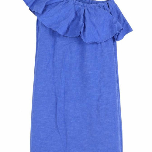Warehouse Womens Blue Cotton Tank Dress Size 10 One Shoulder Zip