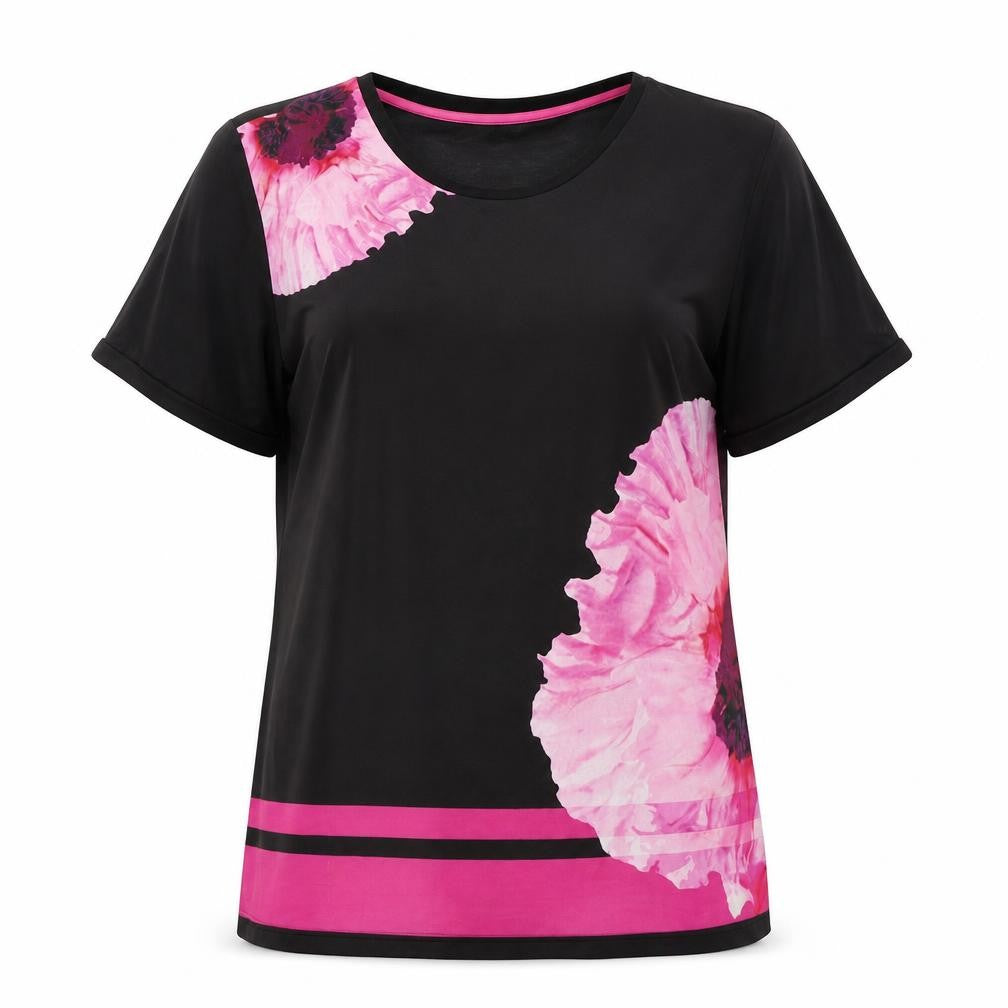 Front view of Preen women’s black floral polyester basic t-shirt, size UK 10, round neck