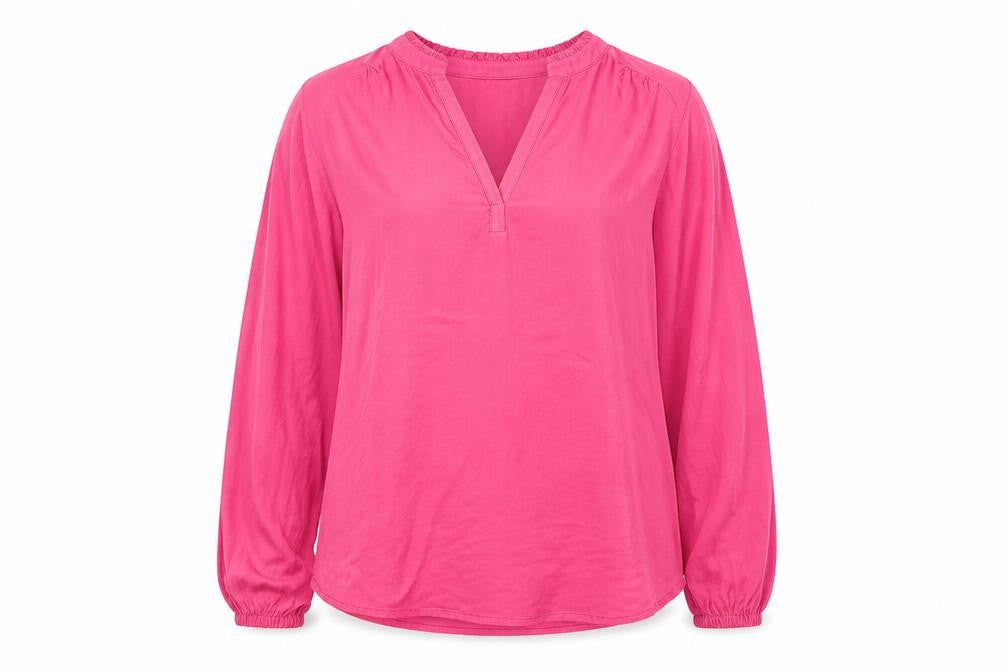 Front view of Marks & Spencer women’s pink viscose basic blouse, size UK 6, v-neck