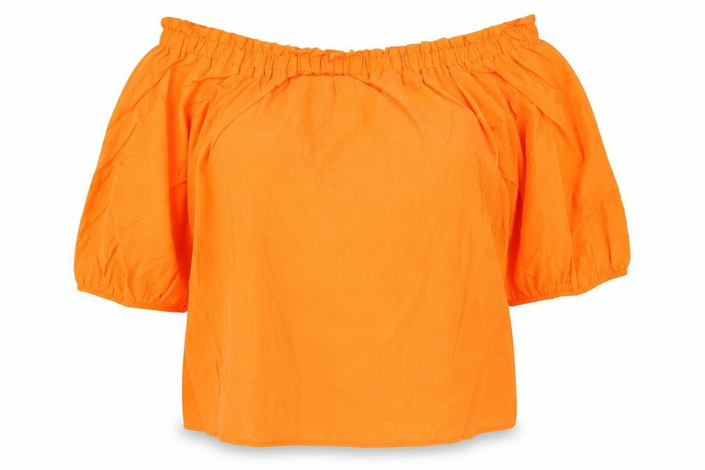 Front view of Marks & Spencer women’s orange viscose basic blouse, size UK 14, off the shoulder