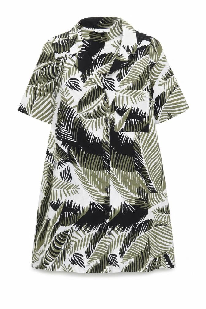 Front view of Topshop women’s multicoloured geometric polyester shirt dress, size UK 8, collared button - leaf print