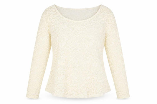 Front view of H&M women’s ivory geometric polyamide basic blouse, size M, scoop neck