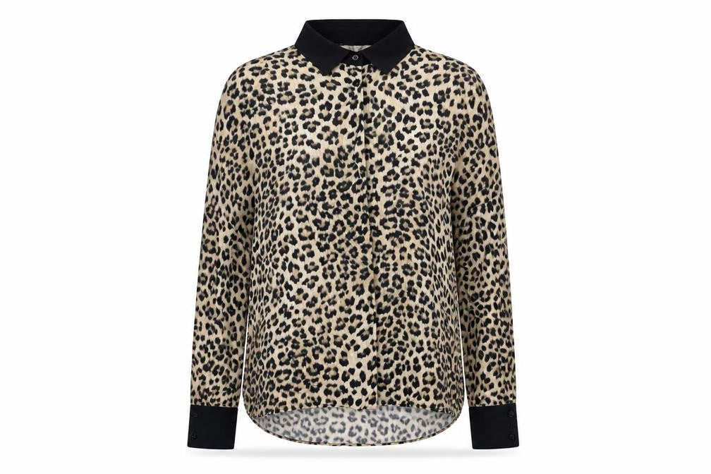 Front view of Zara women’s brown animal print viscose basic blouse, size S, collared - leopard pattern