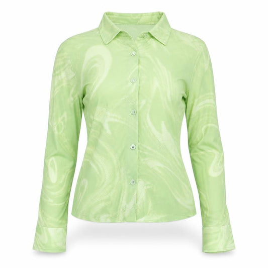 Front view of Divided by H&M women’s green geometric polyester basic button-up, size XS, collared