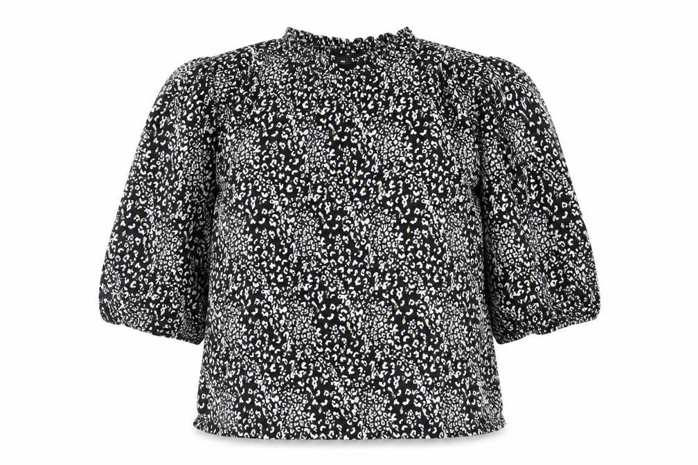 Front view of F&F women’s black animal print viscose basic blouse, size UK 10, round neck - leopard pattern
